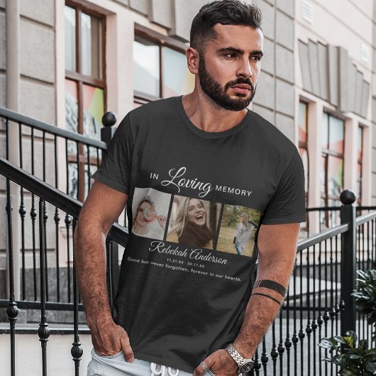 Moderne rouwfoto collage met 3 foto's t-shirt