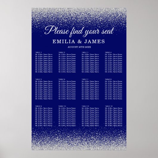 Moderne Royal Blauw Zilveren Glitter Bruiloft Poster (Voorkant)
