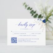 Moderne Royal Blue Floral Wedding QR Code RSVP-kaa Bedankkaart (Staand voorkant)