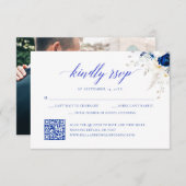 Moderne Royal Blue Floral Wedding QR Code RSVP-kaa Bedankkaart (Voorkant / Achterkant)