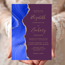 Moderne Royal Blue Gold Agaat Plum Wedding Kaart