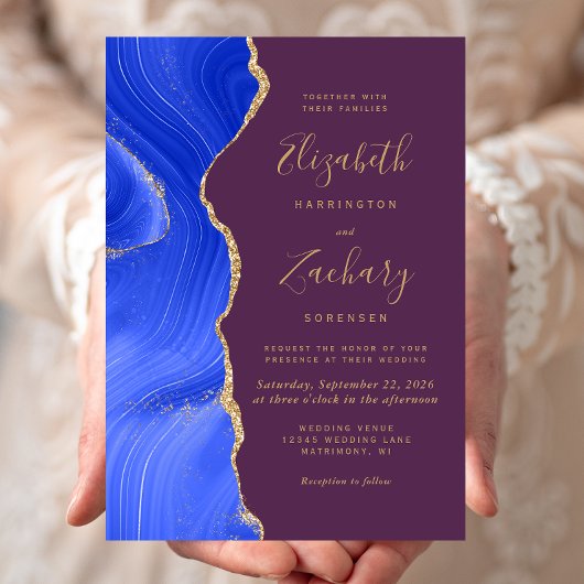 Moderne Royal Blue Gold Agaat Plum Wedding Kaart