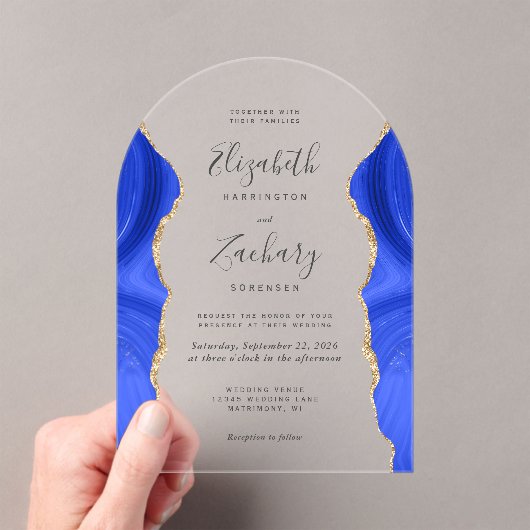 Moderne Royal Blue Gold Agaat Wedding Arch Acryl Uitnodigingen (Insitu (Draagbaar))