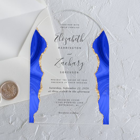 Moderne Royal Blue Gold Agaat Wedding Arch Acryl Uitnodigingen