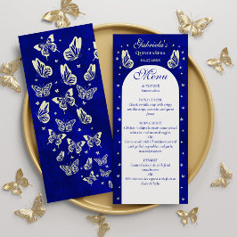 Moderne Royal Blue Gold Butterflies Quinceañera Menu
