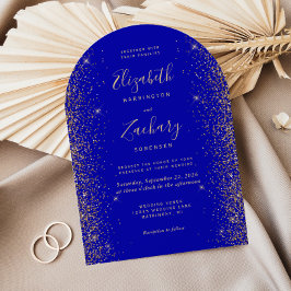 Moderne Royal Blue Gold Faux Glitter Boog Huwelijk Kaart