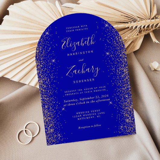 Moderne Royal Blue Gold Faux Glitter Boog Huwelijk Kaart
