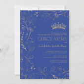 Moderne Royal Blue Gold Floral Tiara QR Quinceañer Kaart (Voorkant)