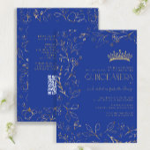 Moderne Royal Blue Gold Floral Tiara QR Quinceañer Kaart