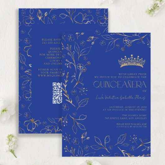Moderne Royal Blue Gold Floral Tiara QR Quinceañer Kaart