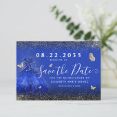Moderne Royal Blue Gold Glitter Gown Quinceanera Save The Date (Staand voorkant)
