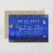 Moderne Royal Blue Gold Glitter Gown Quinceanera Save The Date (Voorkant / Achterkant)