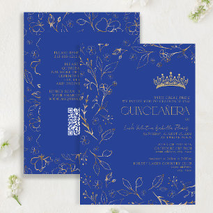 Moderne Royal Blue Gold QR Code Floral Quinceañera Kaart