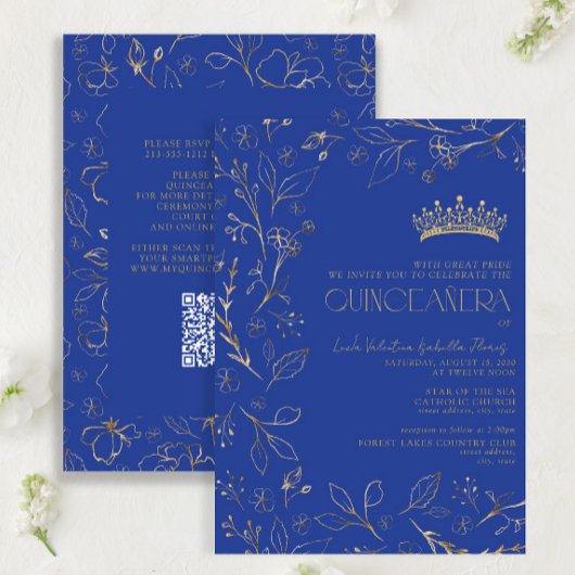 Moderne Royal Blue Gold QR Code Floral Quinceañera Kaart