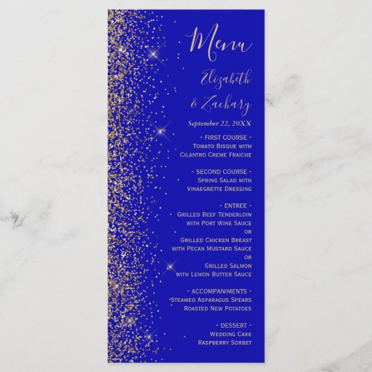 Moderne Royal Blue Goud Glitter Edge Bruiloft Menu (Voorkant)