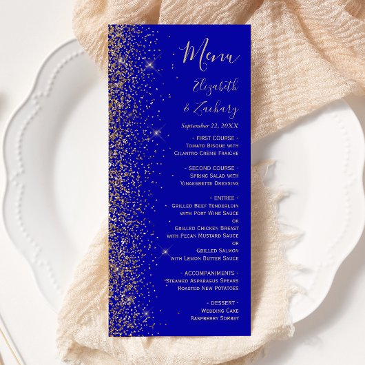 Moderne Royal Blue Goud Glitter Edge Bruiloft Menu