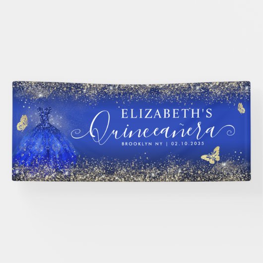 Moderne Royal Blue Gouden Gown Quinceañera Welkom Spandoek (Horizontaal)