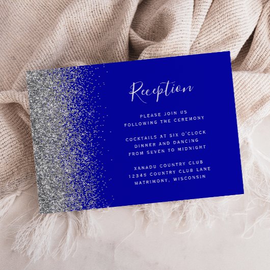Moderne Royal Blue Silver Glitter bruiloft recepti Informatiekaartje