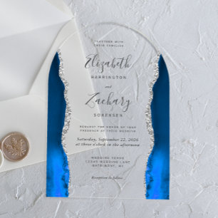 Moderne Royal Blue Zilveren Agaat Wedding Arch Acryl Uitnodigingen