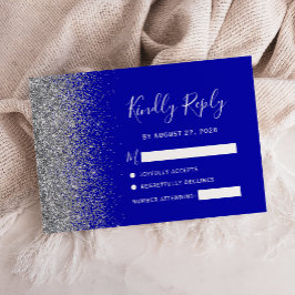 Moderne Royal Blue Zilveren Faux Glitter Edge RSVP Kaartje