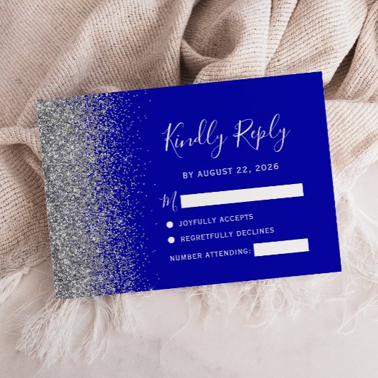 Moderne Royal Blue Zilveren Faux Glitter Edge RSVP Kaartje