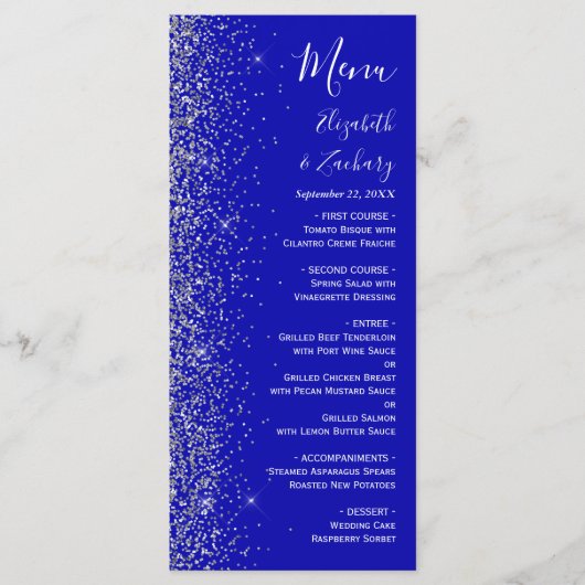 Moderne Royal Blue Zilveren Glitter Edge Bruiloft Menu (Voorkant)