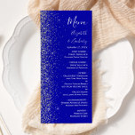 Moderne Royal Blue Zilveren Glitter Edge Bruiloft Menu<br><div class="desc">De linkerrand van dit elegante moderne huwelijksmenu heeft een zilveren faux glitter-ontwerp. De aanpasbare tekst combineert wit handschrift,  koperplaat en cursieve lettertypen op een koningsblauwe achtergrond. De achterkant heeft een bijpassend koninklijk blauw en zilver glitter ontwerp.</div>