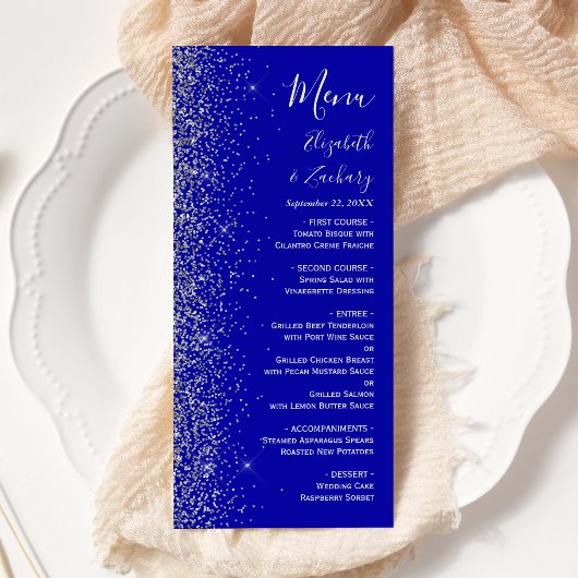 Moderne Royal Blue Zilveren Glitter Edge Bruiloft Menu