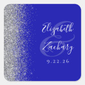 Moderne Royal Blue Zilveren Glitter Edge Bruiloft Vierkante Sticker (Voorkant)
