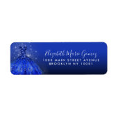 Moderne Royal Blue Zilveren Glitter Gown Quinceane Etiket (Voorkant)