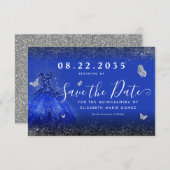 Moderne Royal Blue Zilveren Glitter Gown Quinceane Save The Date (Voorkant / Achterkant)