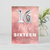Moderne Roze 16 Ballon Meisje Verjaardagsfeestje Kaart (Staand voorkant)