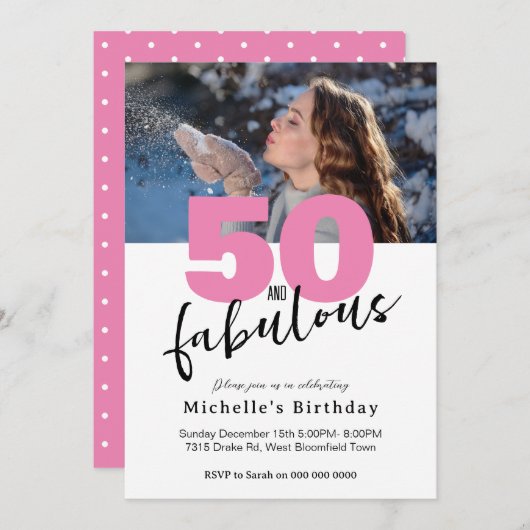 Moderne roze 50 fabulous script 50th Birthday part Kaart (Voorkant / Achterkant)