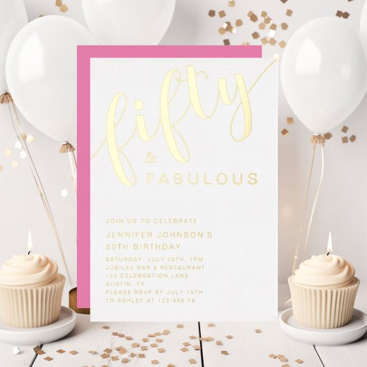 Moderne roze 50ste verjaardag Vijftig en Fabulous Folie Uitnodiging
