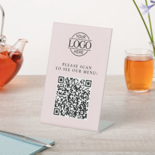 Moderne Roze Aangepast Zakelijk Logo QR Code Menu Reclamebord Met Voetstuk