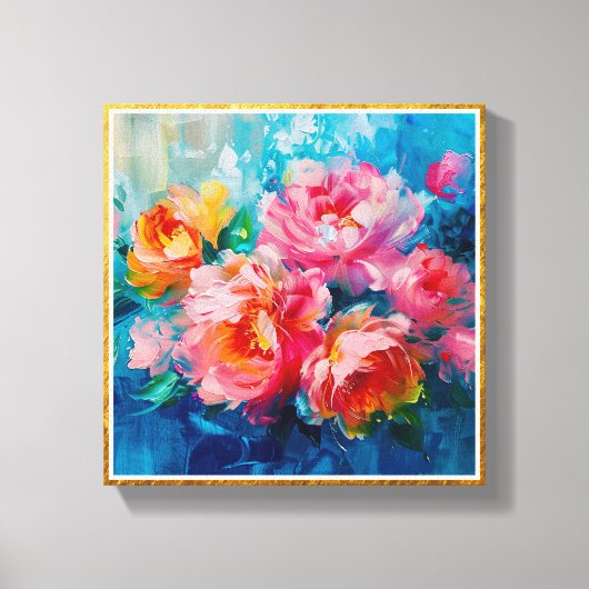 Moderne Roze Abstracte Bloem - Gouden Textuurlijst Canvas Afdruk (Voorkant)