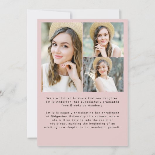 Moderne Roze Afstudeerfoto Eenvoudige Afstuderen Aankondiging (Achterkant)