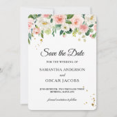 Moderne Roze Aquarel Schoonheid Bloemen & Gouden D Save The Date (Voorkant)