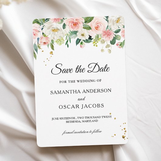 Moderne Roze Aquarel Schoonheid Bloemen & Gouden D Save The Date