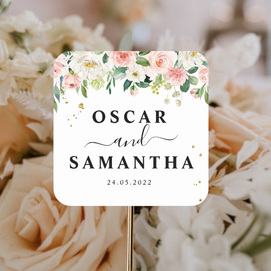 Moderne Roze Aquarel Schoonheid Bloemen & Gouden D Vierkante Sticker