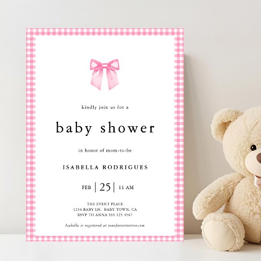 Moderne Roze Aquarel Strik Gingham Baby Shower Kaart