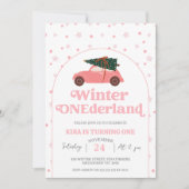 Moderne Roze Auto Winter Onederland 1e verjaardag Kaart (Voorkant)