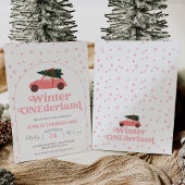 Moderne Roze Auto Winter Onederland 1e verjaardag Kaart