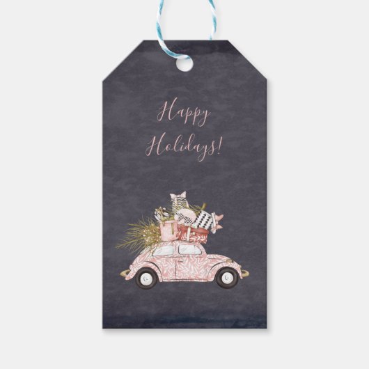 Moderne Roze Auto Zwart Krijt Vakantie Kerstmis Cadeaulabel (Voorkant)