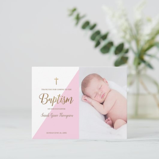Moderne Roze Baby Meisje Foto Doop Dank u Briefkaart (Staand voorkant)