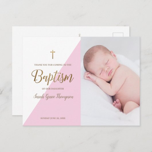 Moderne Roze Baby Meisje Foto Doop Dank u Briefkaart (Voorkant / Achterkant)