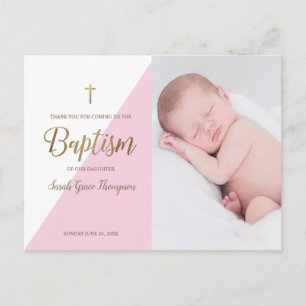 Moderne Roze Baby Meisje Foto Doop Dank u Briefkaart