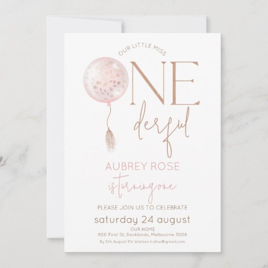 Moderne roze ballon Onederful 1e verjaardag Kaart (Voorkant)