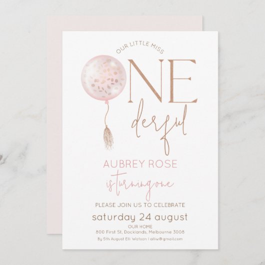 Moderne roze ballon Onederful 1e verjaardag Kaart (Voorkant / Achterkant)