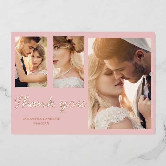 Moderne roze bedankt 4 foto trouwuitnodiging folie uitnodiging (Voorkant)